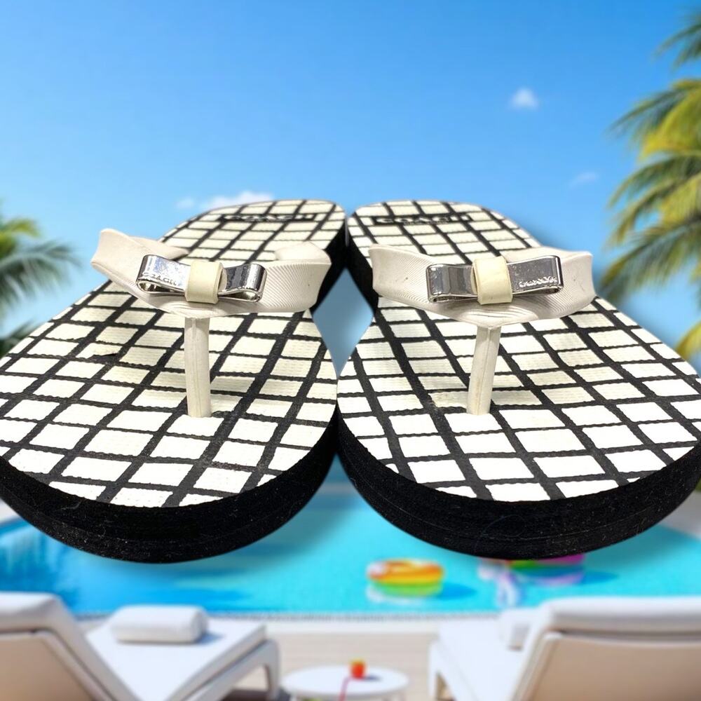 WOMEN'S Size 8 COACH Black White Gingham Amel Rubber Flip Flop Thong Sandals EUC